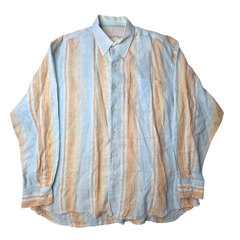 Tommy Bahama Linen Shirt Mens XXL Striped Blue Orange Button Down Long Sleeve